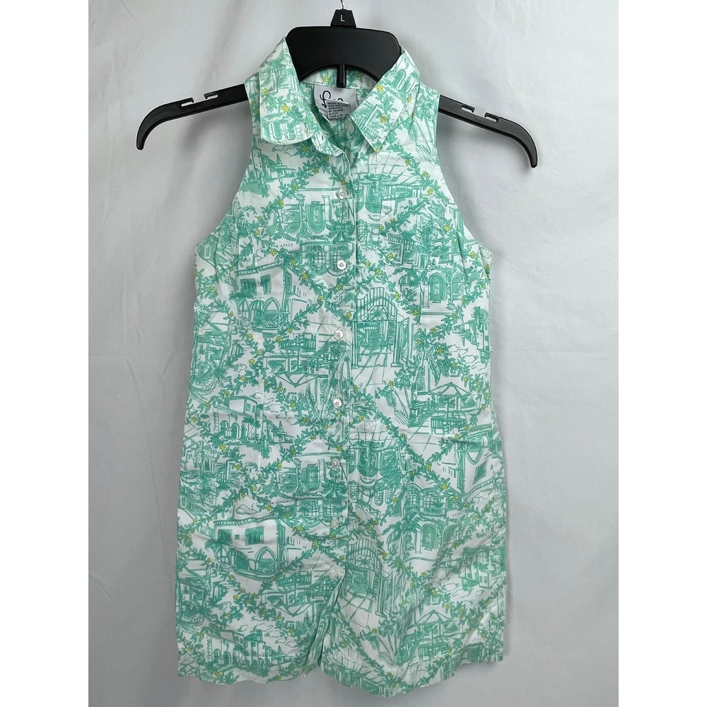 Lily Pulitzer Worth Avenue Dress Girl Size 8 Green White Toile Hoffman Button Up